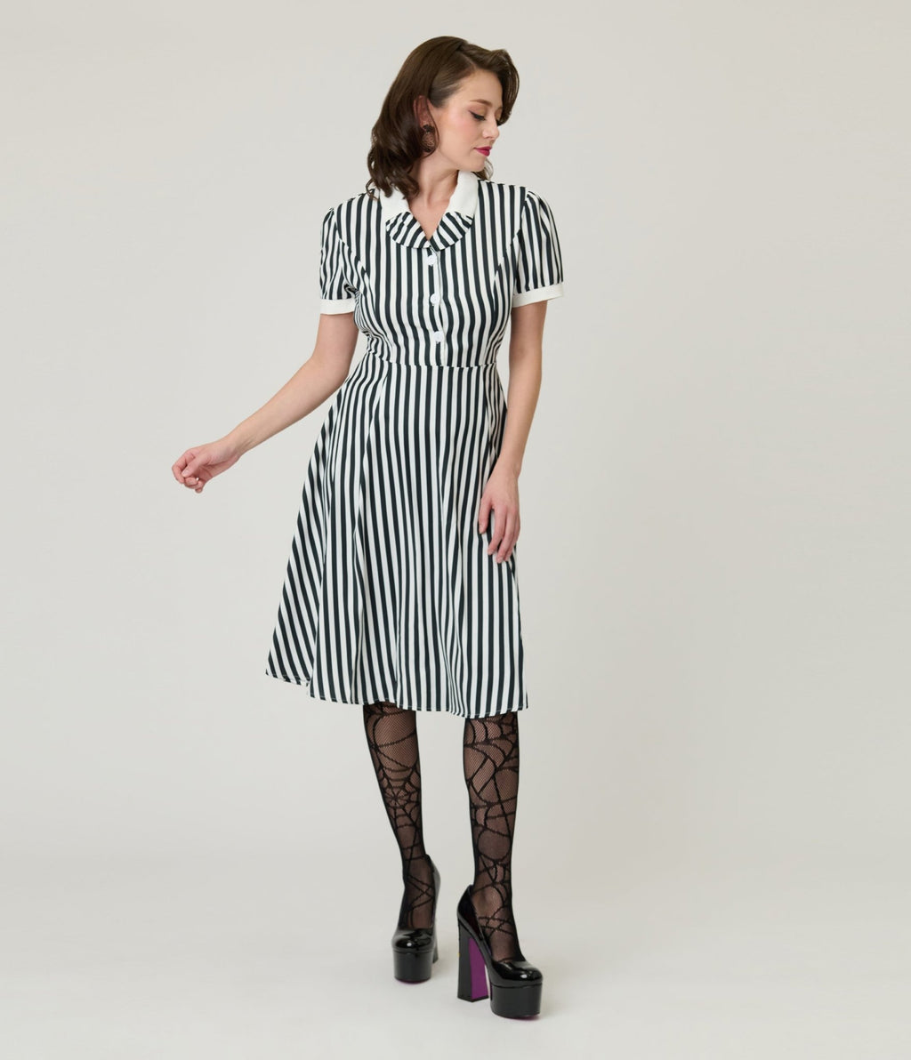 Black & White Stripe Fit & Flare Dress - Unique Vintage - Womens, DRESSES, FIT AND FLARE