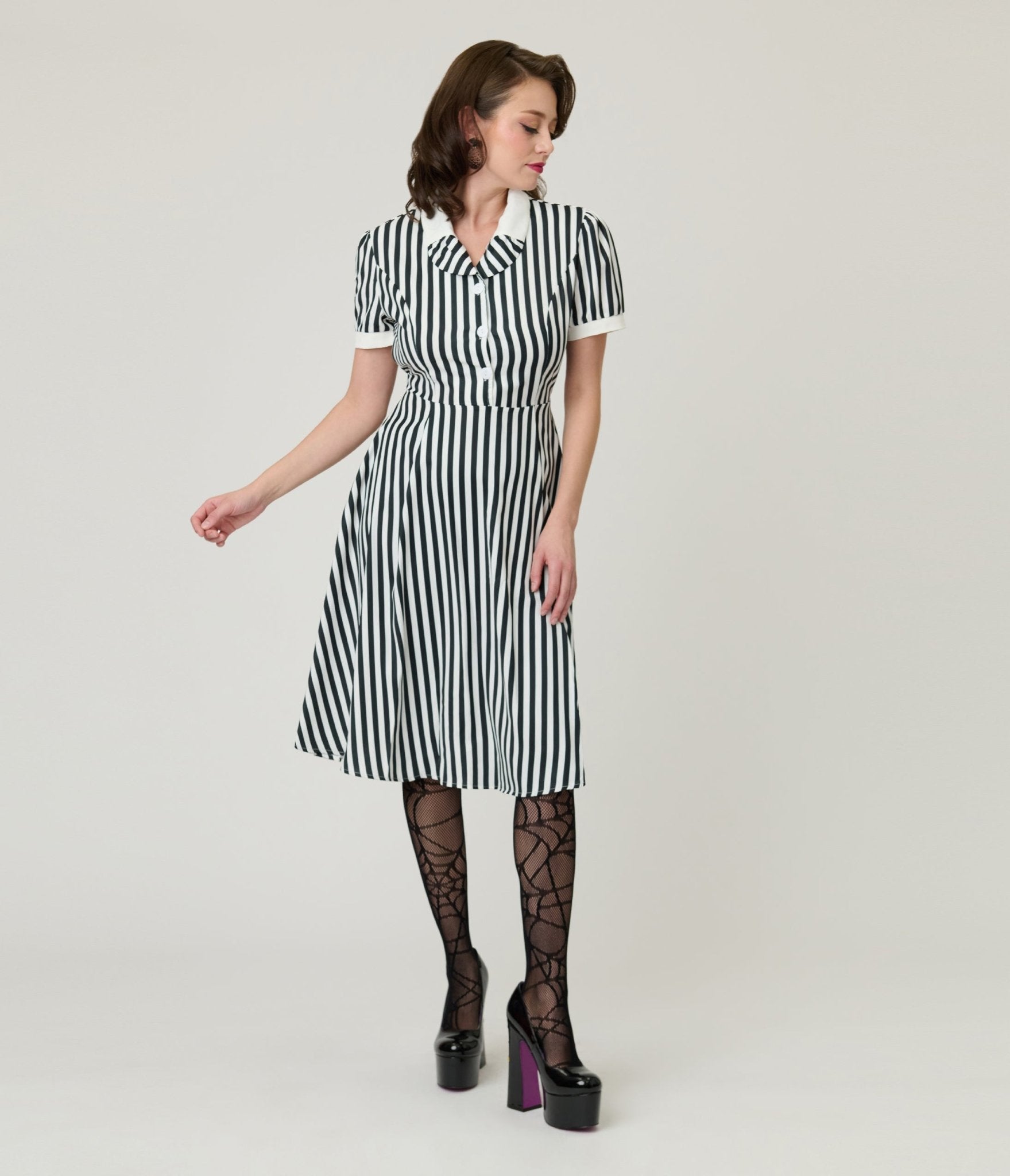 Black & White Stripe Fit & Flare Dress - Unique Vintage - Womens, DRESSES, FIT AND FLARE