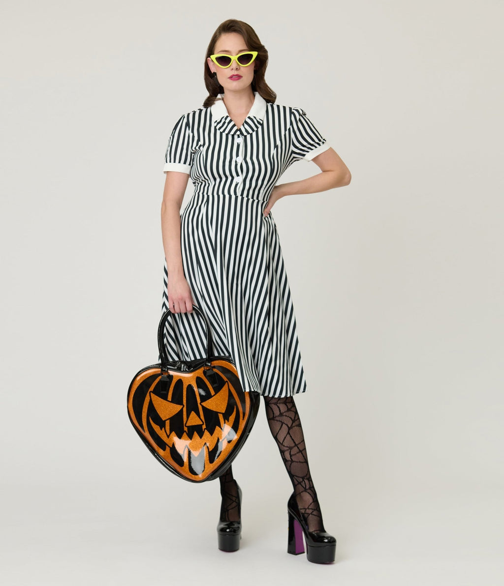Black & White Stripe Fit & Flare Dress - Unique Vintage - Womens, DRESSES, FIT AND FLARE
