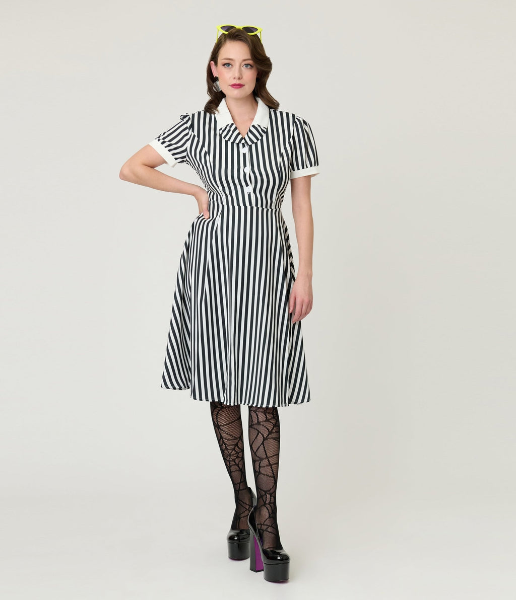 Black & White Stripe Fit & Flare Dress - Unique Vintage - Womens, DRESSES, FIT AND FLARE
