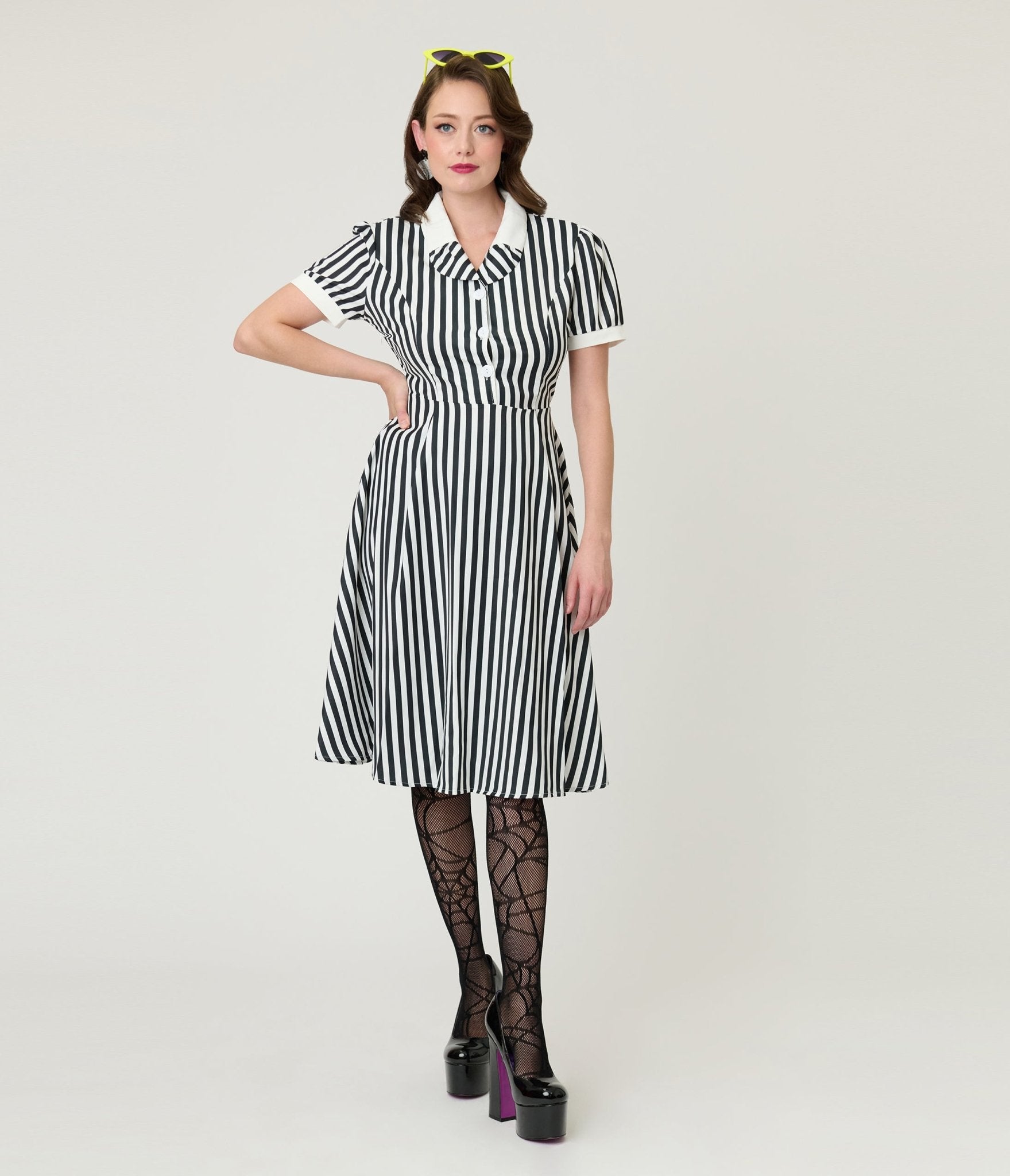 Black & White Stripe Fit & Flare Dress - Unique Vintage - Womens, DRESSES, FIT AND FLARE