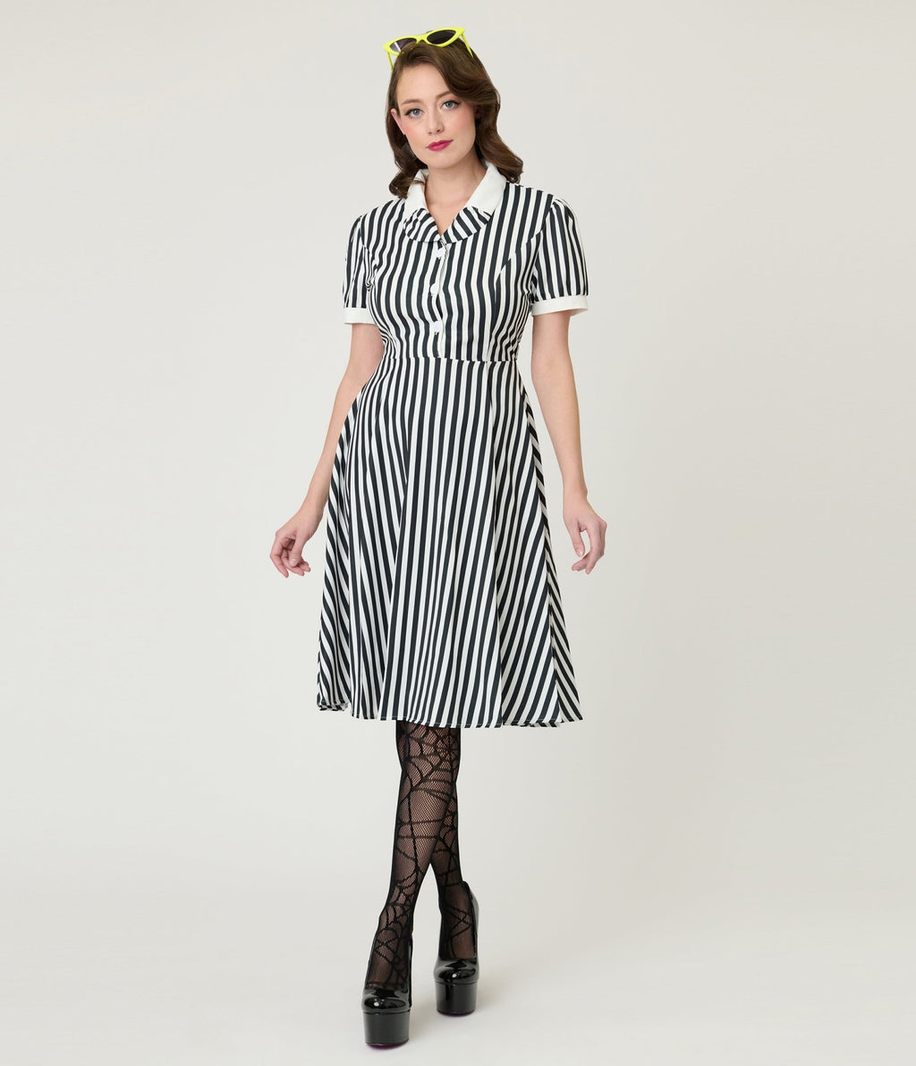 Black & White Stripe Fit & Flare Dress - Unique Vintage - Womens, DRESSES, FIT AND FLARE