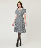 Black & White Stripe Fit & Flare Dress - Unique Vintage - Womens, DRESSES, FIT AND FLARE