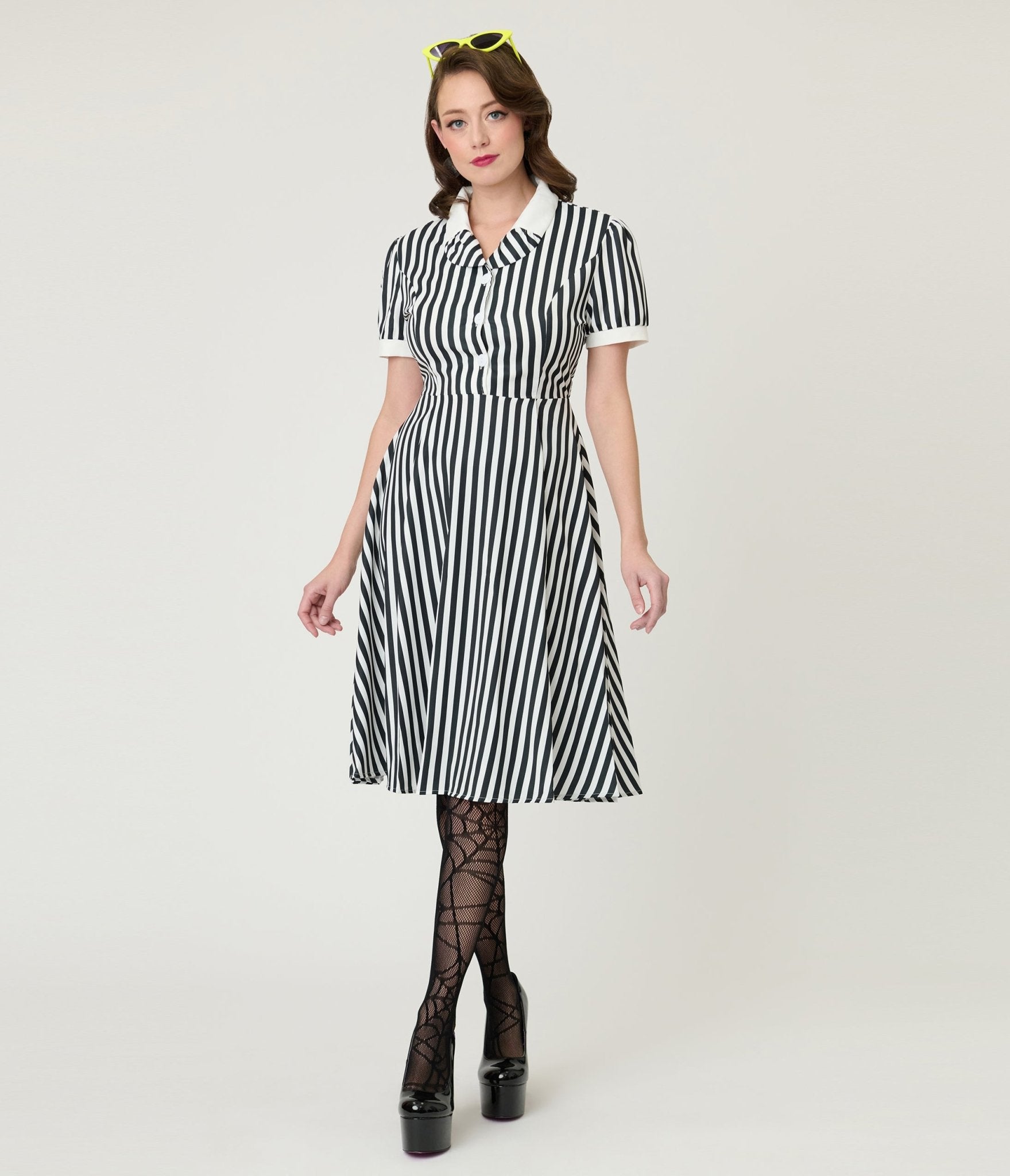 Black & White Stripe Fit & Flare Dress - Unique Vintage - Womens, DRESSES, FIT AND FLARE
