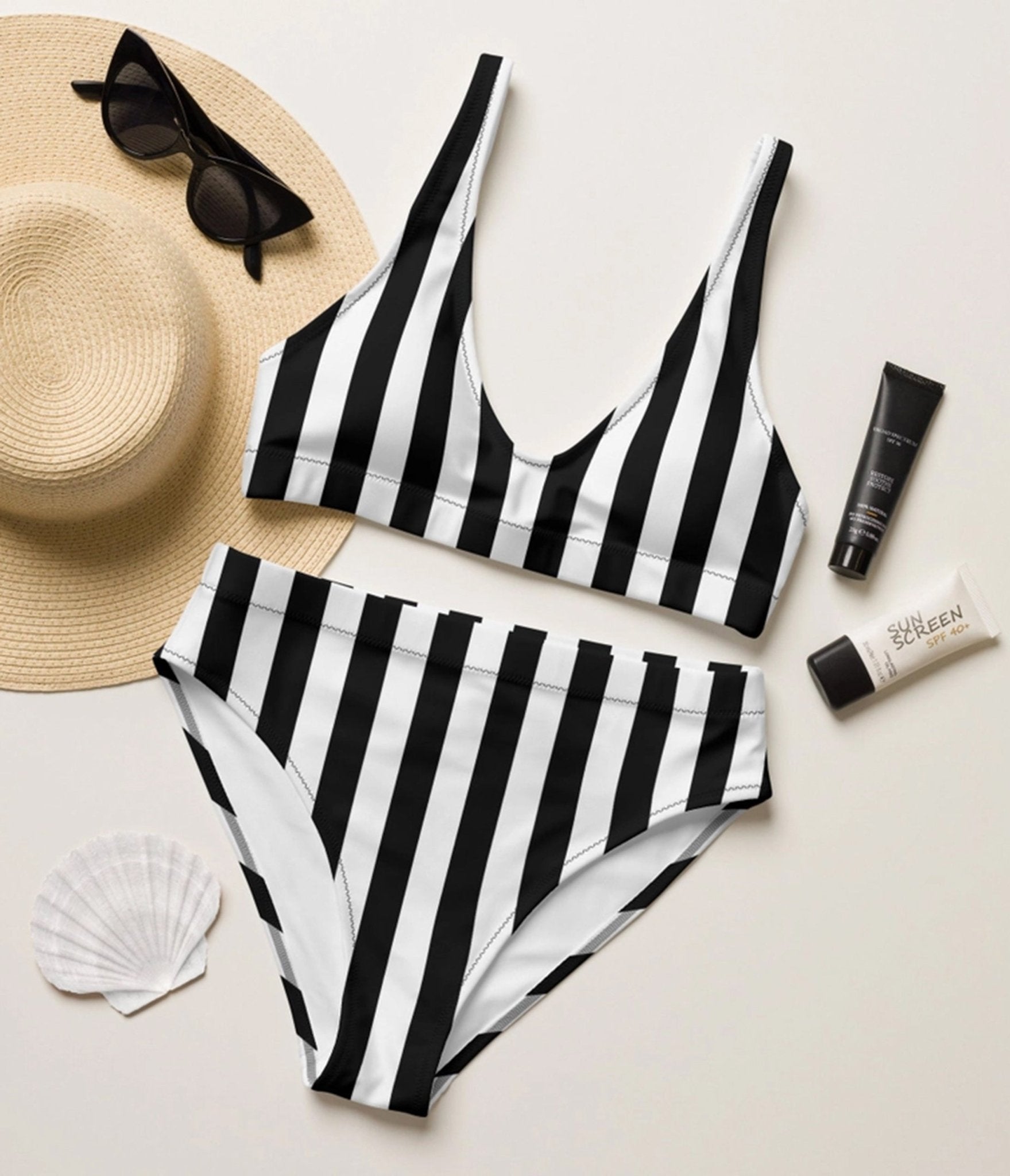 Black & White Stripe High Waist Swim Set - Unique Vintage - Womens, SWIM, 2 PC