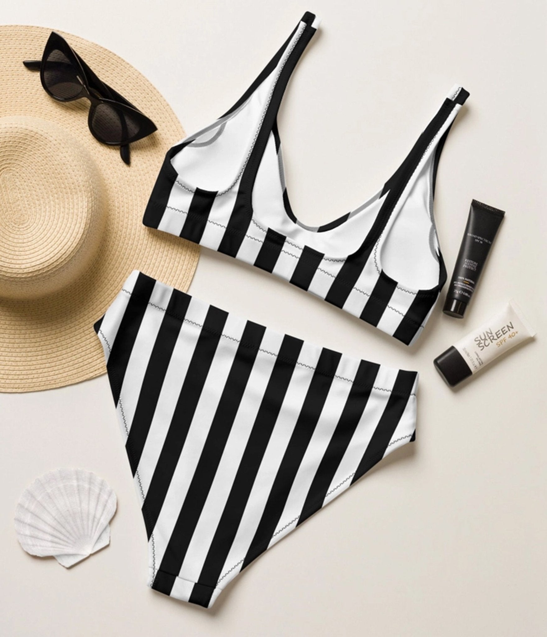 Black & White Stripe High Waist Swim Set - Unique Vintage - Womens, SWIM, 2 PC