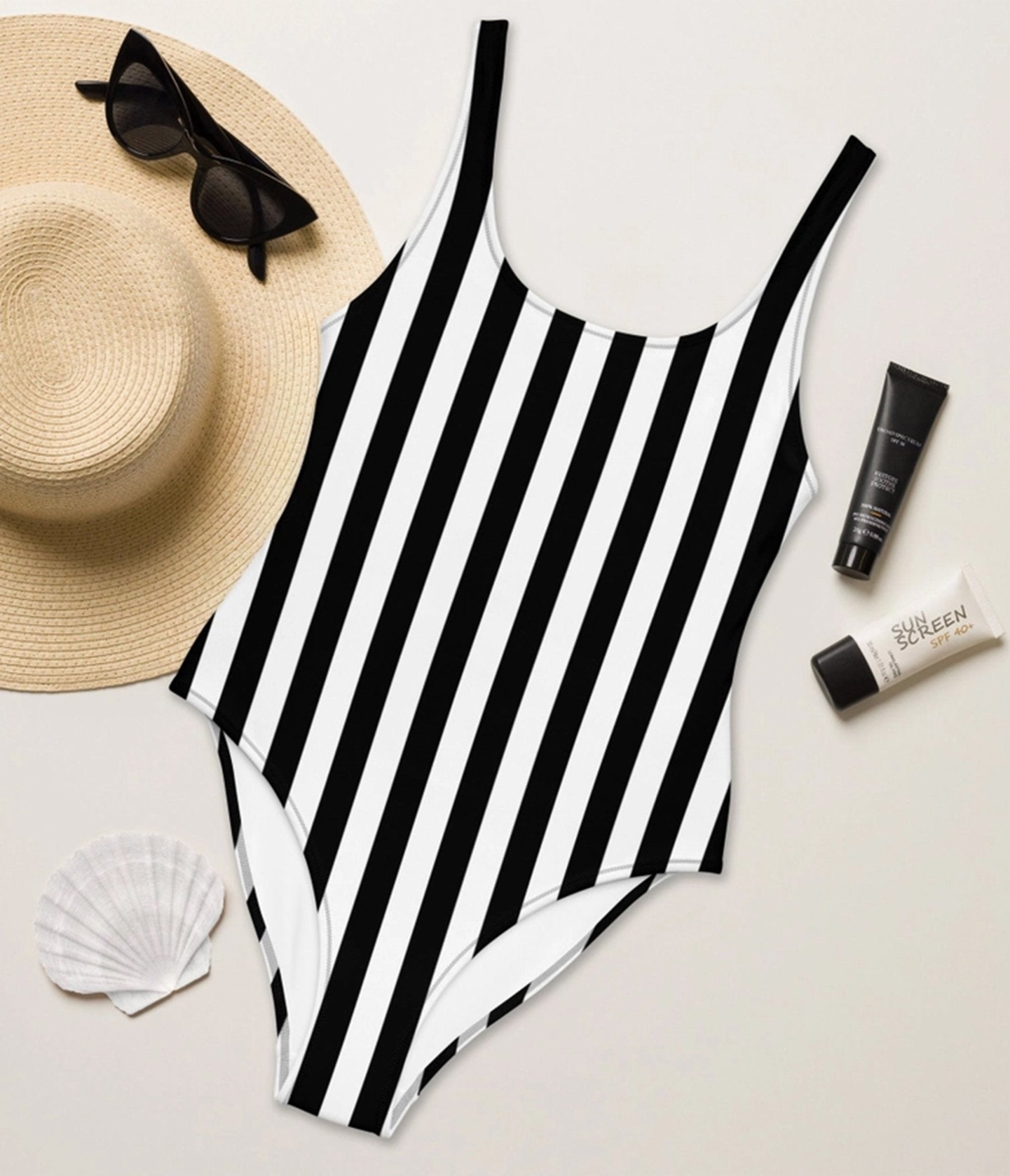 Black & White Stripe One - Piece Swimsuit - Unique Vintage - Womens, SWIM, 2 PC