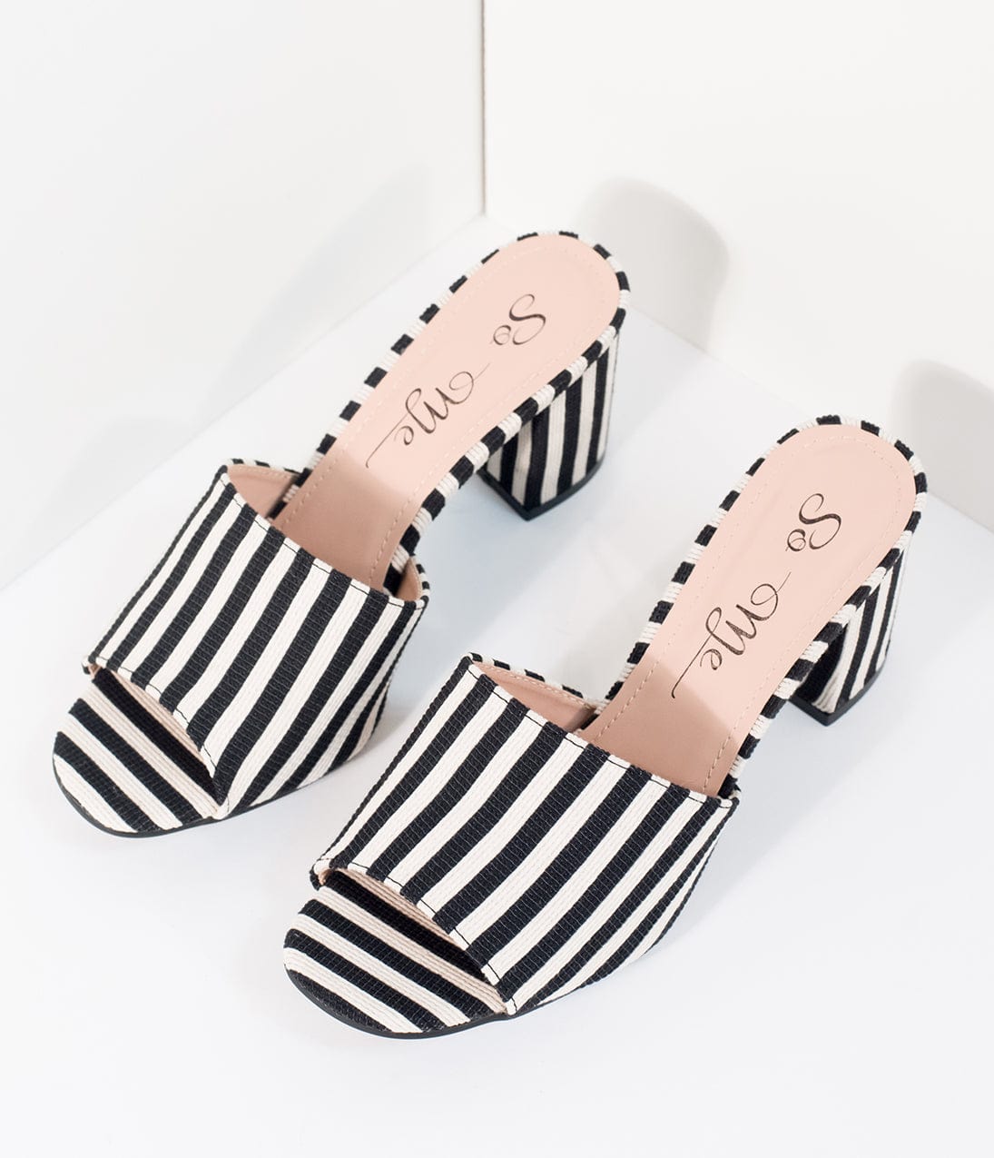 Black & White Stripe Woven Peep Toe Mule Heels - Unique Vintage - Womens, SHOES, HEELS