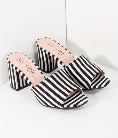 Black & White Stripe Woven Peep Toe Mule Heels - Unique Vintage - Womens, SHOES, HEELS