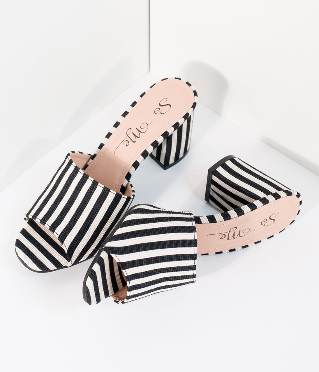 Black & White Stripe Woven Peep Toe Mule Heels - Unique Vintage - Womens, SHOES, HEELS