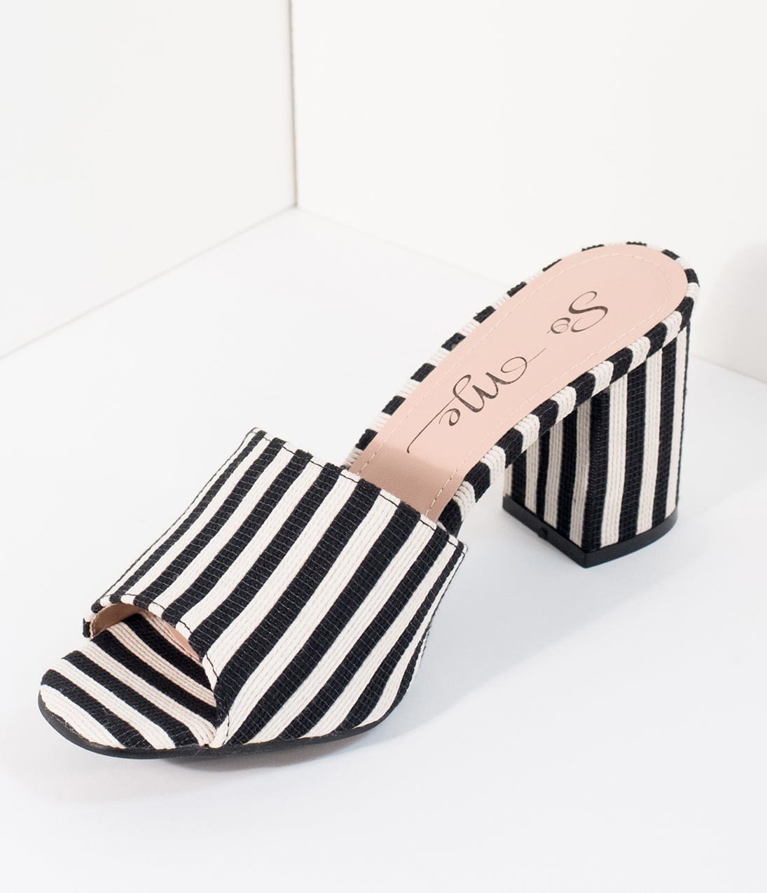 Black & White Stripe Woven Peep Toe Mule Heels - Unique Vintage - Womens, SHOES, HEELS