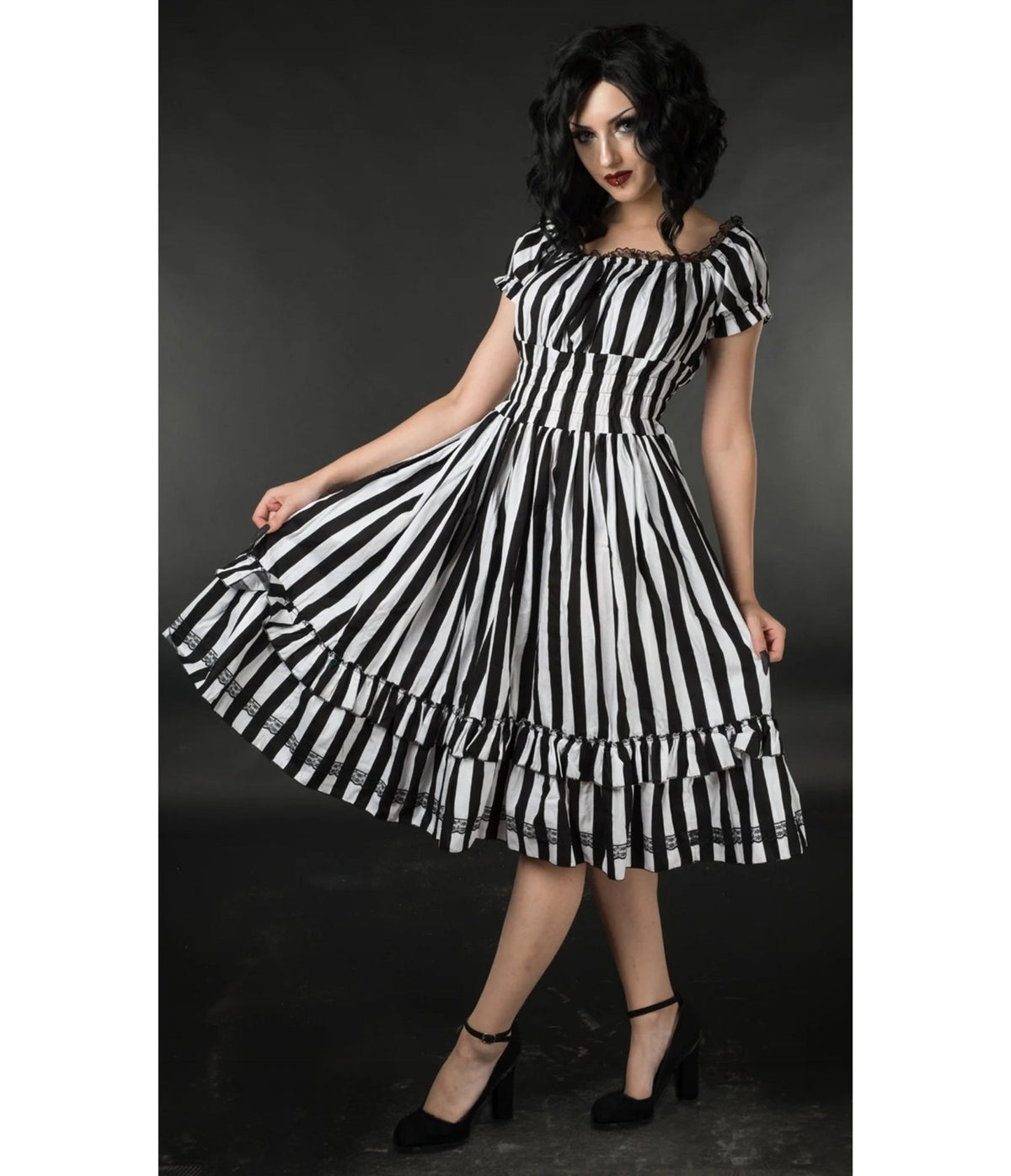 Black & White Striped Gothabilly Dress - Unique Vintage - Fit & Flare Dresses
