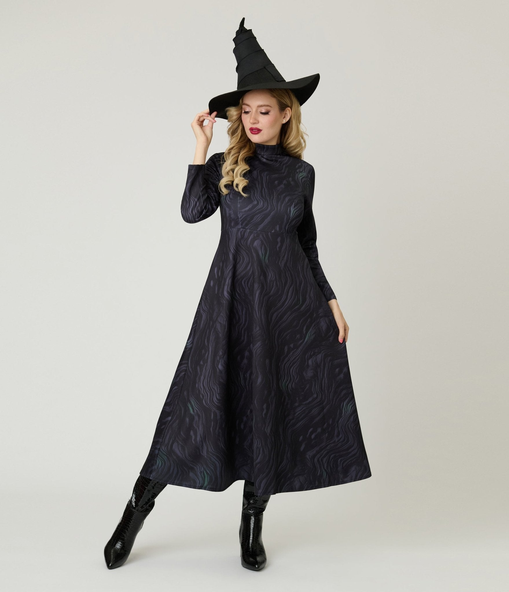 Black Wickedly Witch Midi Dress & Cape - Unique Vintage - Womens, HALLOWEEN, DRESSES