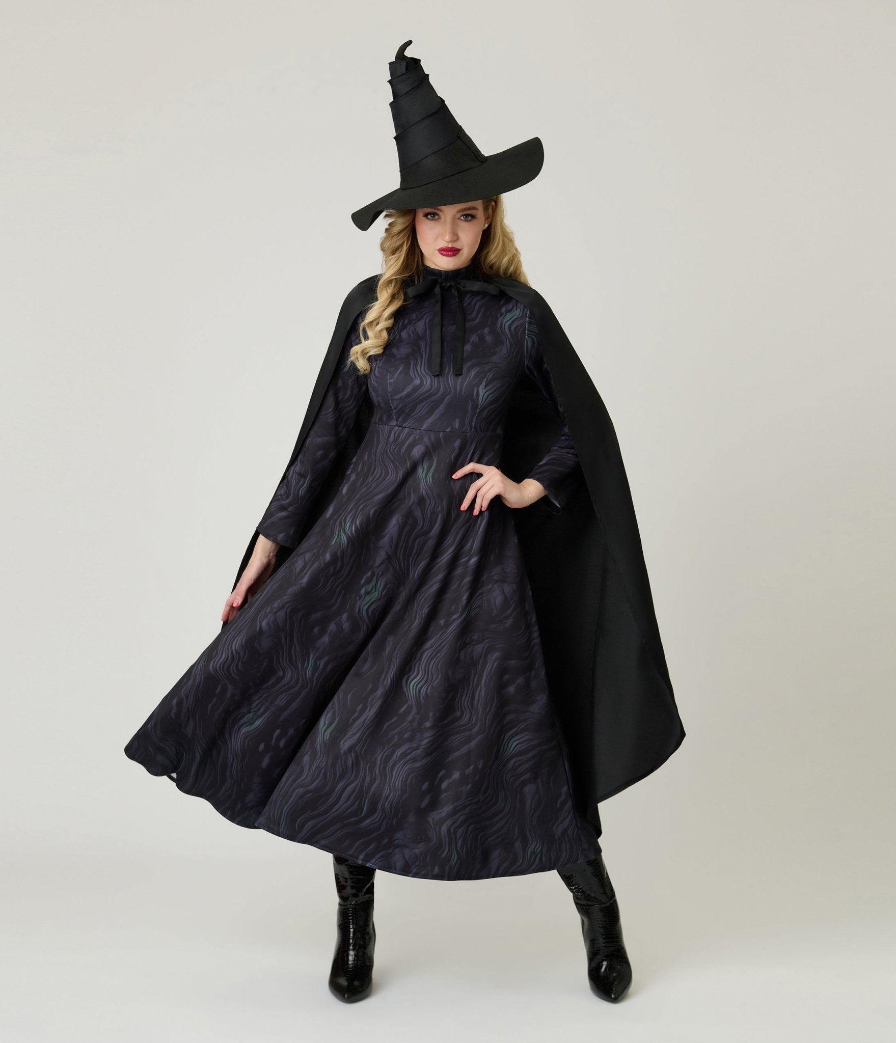 Black Wickedly Witch Midi Dress & Cape - Unique Vintage - Womens, HALLOWEEN, DRESSES