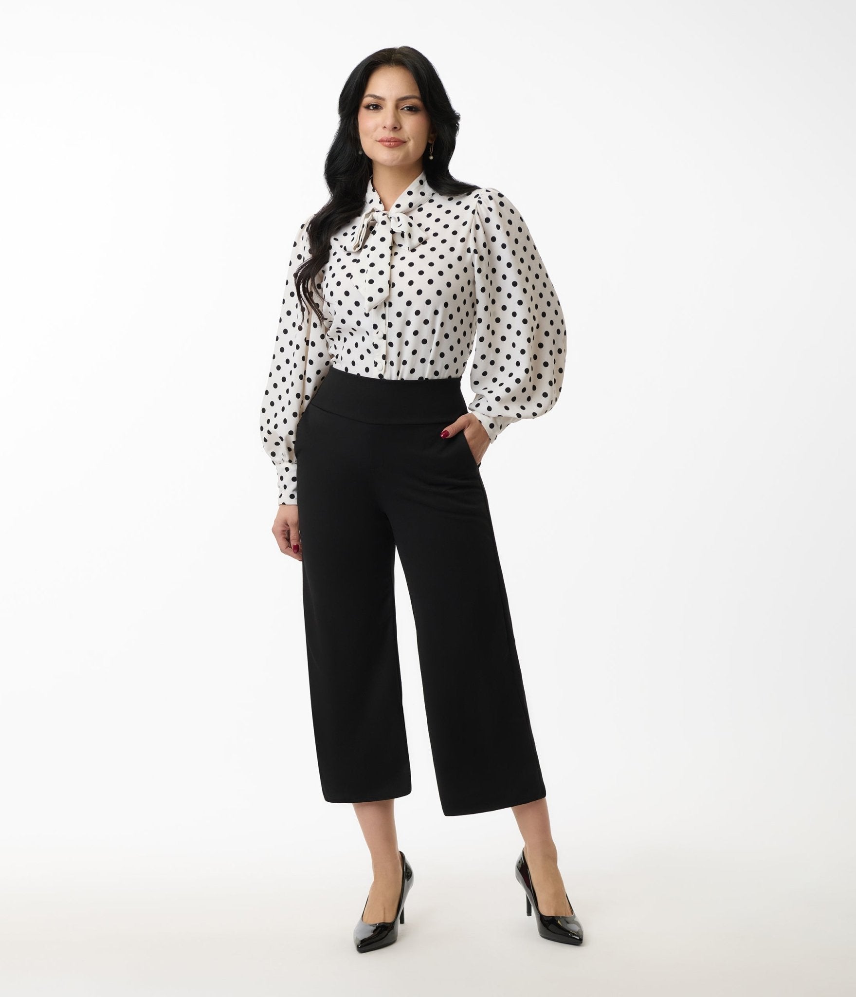 Black Wide Waistband Culotte Pants - Unique Vintage - Womens, BOTTOMS, PANTS