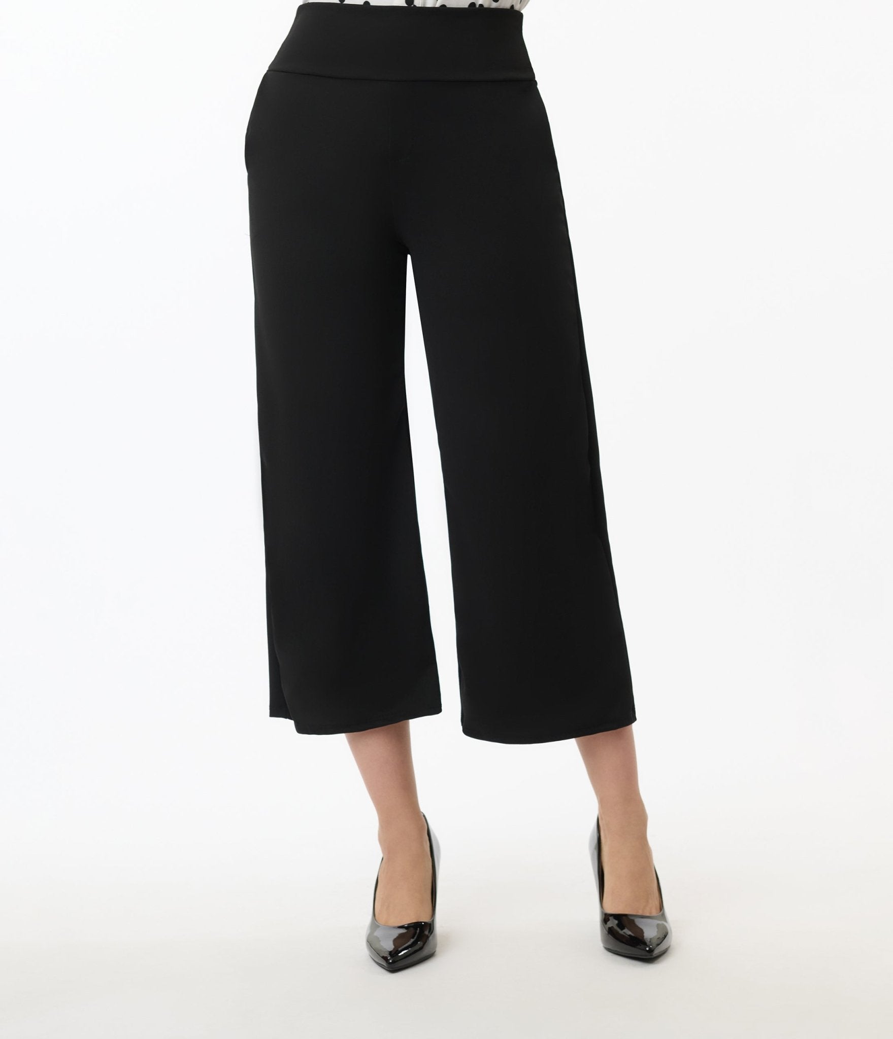 Black Wide Waistband Culotte Pants - Unique Vintage - Womens, BOTTOMS, PANTS