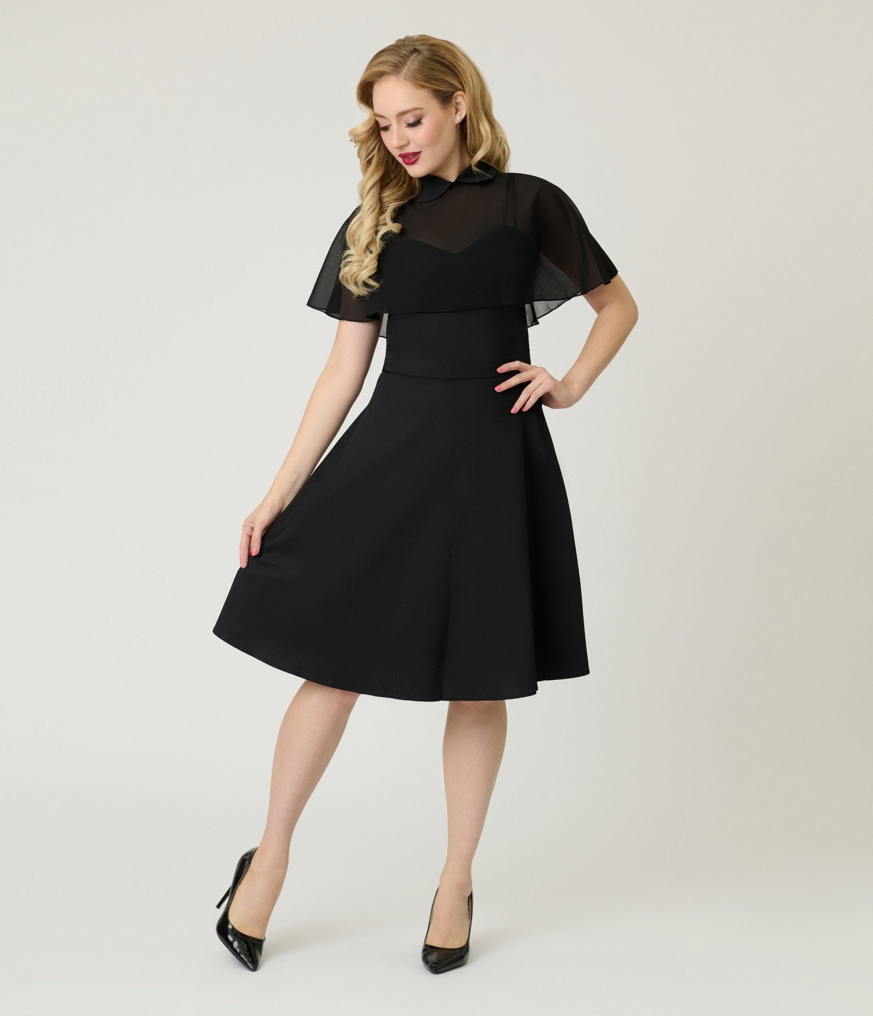 Black Widow Cape Swing Dress - Unique Vintage - Womens, DRESSES, FIT AND FLARE