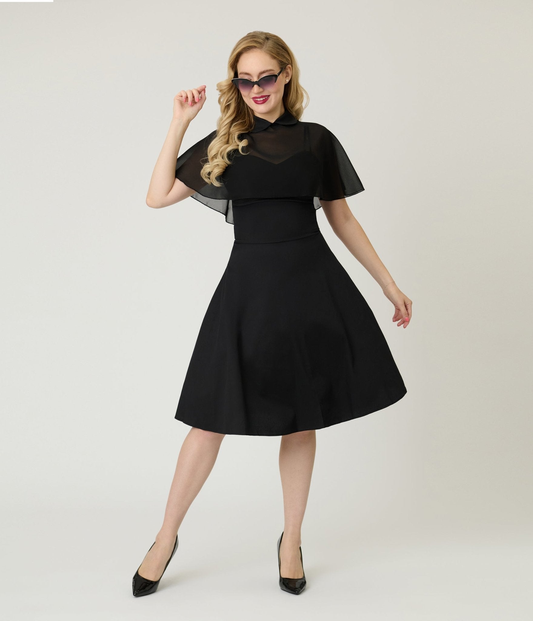 Black Widow Cape Swing Dress - Unique Vintage - Womens, DRESSES, FIT AND FLARE