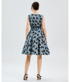 Blue & Black Cat Print Cotton Swing Dress - Unique Vintage - Womens, DRESSES, SWING