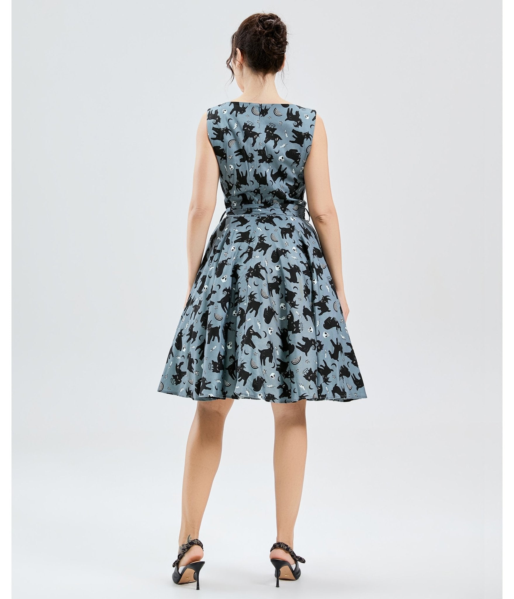 Blue & Black Cat Print Cotton Swing Dress - Unique Vintage - Womens, DRESSES, SWING