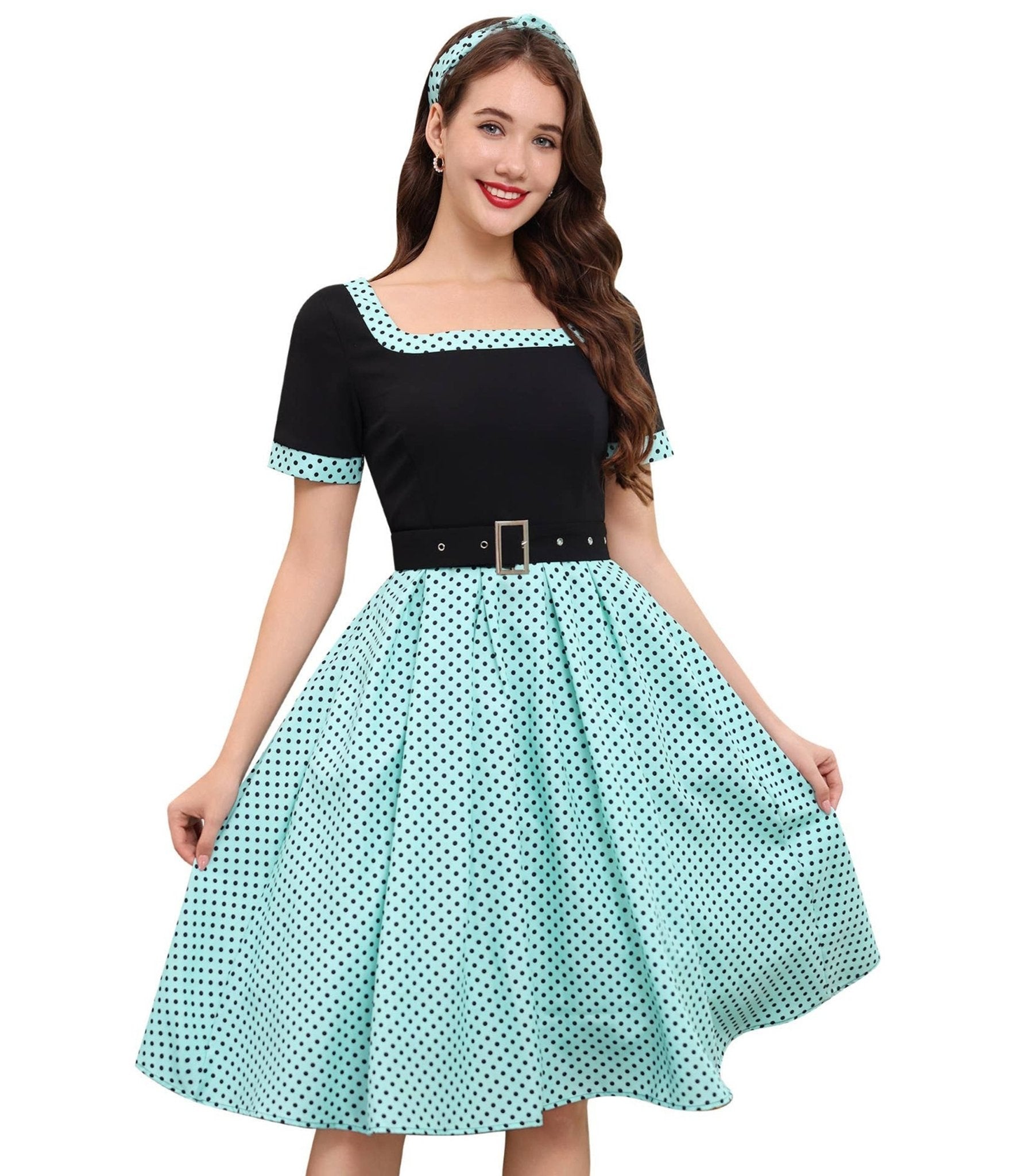 Blue & Black Polka Dot Swing Dress - Unique Vintage - Womens, DRESSES, SWING