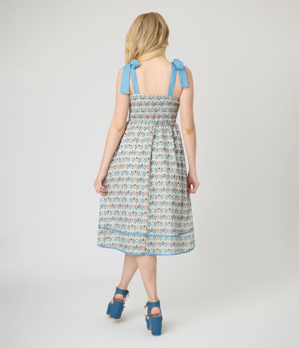 Blue Cat Face Print Smocked Midi Dress - Unique Vintage - Womens, DRESSES, MIDI