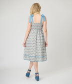 Blue Cat Face Print Smocked Midi Dress - Unique Vintage - Womens, DRESSES, MIDI