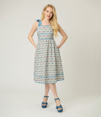 Blue Cat Face Print Smocked Midi Dress - Unique Vintage - Womens, DRESSES, MIDI