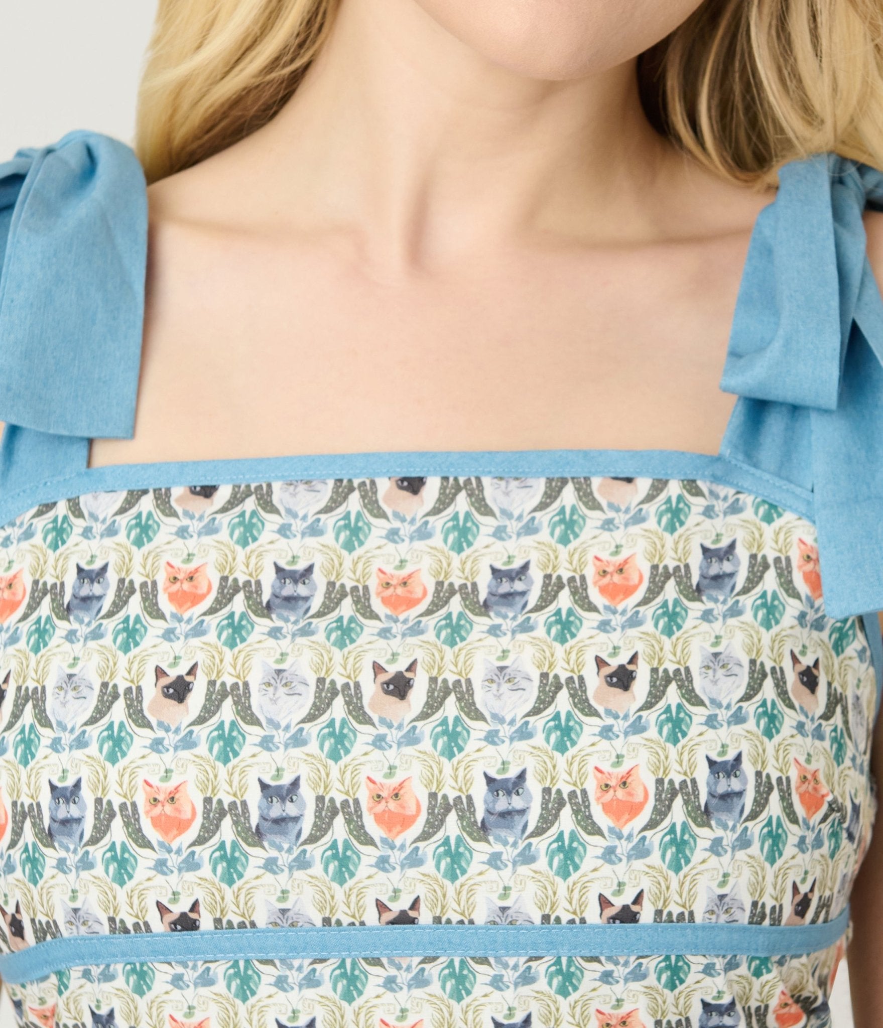 Blue Cat Face Print Smocked Midi Dress - Unique Vintage - Womens, DRESSES, MIDI