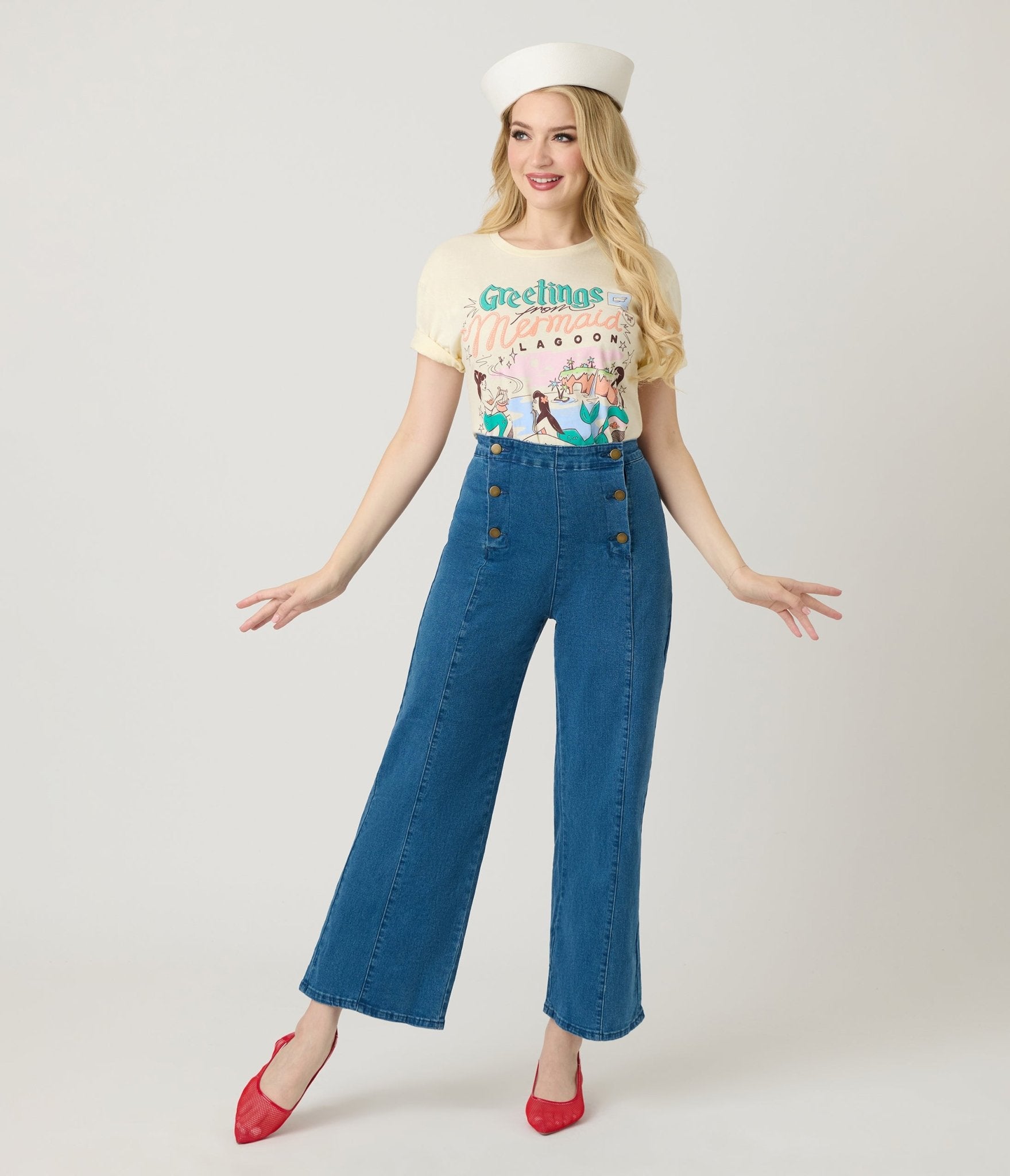 Blue Denim High Waisted Sailor Jeans - Unique Vintage - Womens, BOTTOMS, PANTS