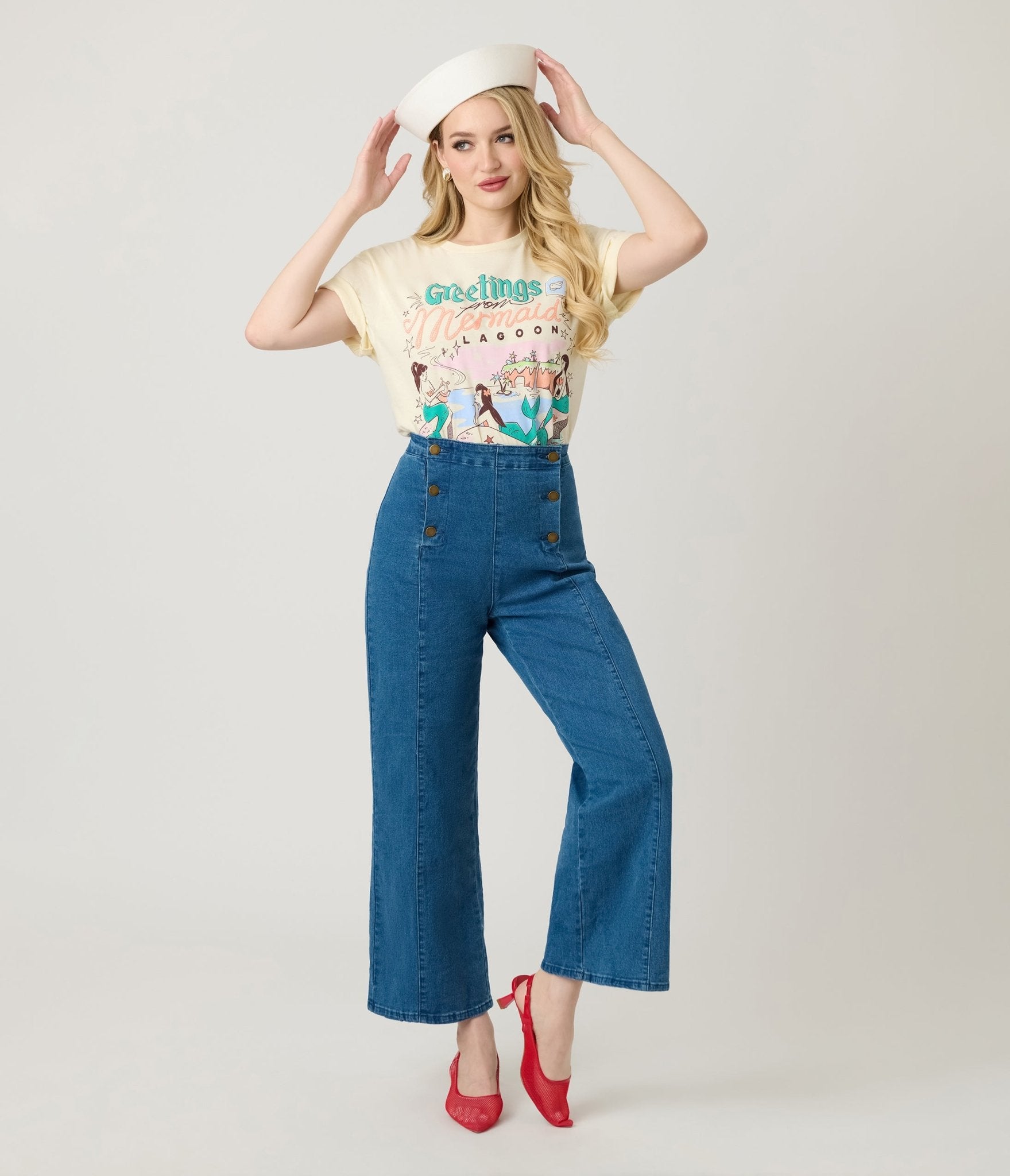 Blue Denim High Waisted Sailor Jeans - Unique Vintage - Womens, BOTTOMS, PANTS
