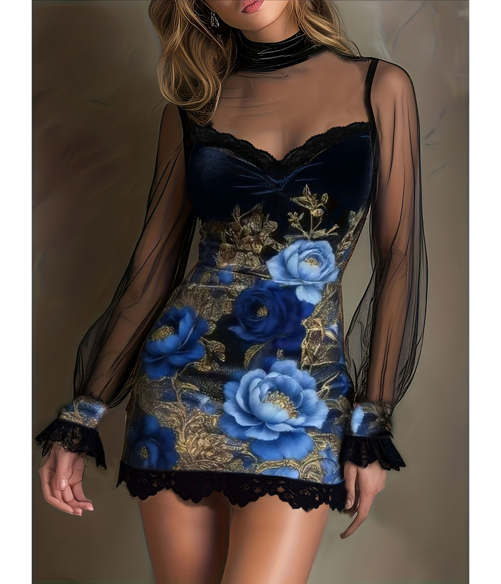 Blue Floral & Mesh Overlay Mini Dress - Unique Vintage - Mini Dresses