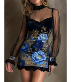 Blue Floral & Mesh Overlay Mini Dress - Unique Vintage - Mini Dresses