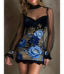 Blue Floral & Mesh Overlay Mini Dress