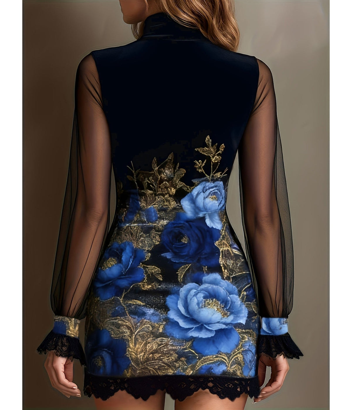Blue Floral & Mesh Overlay Mini Dress - Unique Vintage - Mini Dresses