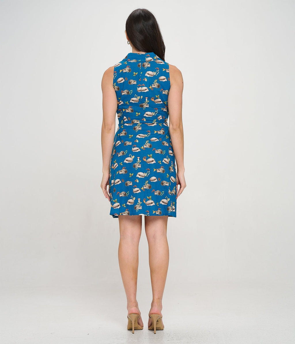 Blue Hedgehog Mushroom Berry Print Cotton Fit & Flare Dress - Unique Vintage - Womens, DRESSES, FIT AND FLARE