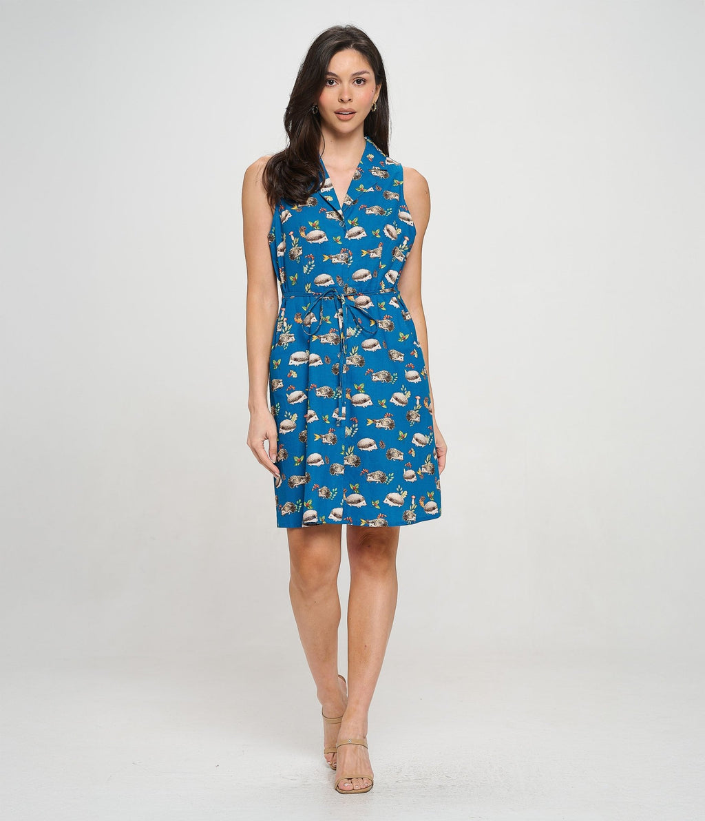 Blue Hedgehog Mushroom Berry Print Cotton Fit & Flare Dress - Unique Vintage - Womens, DRESSES, FIT AND FLARE
