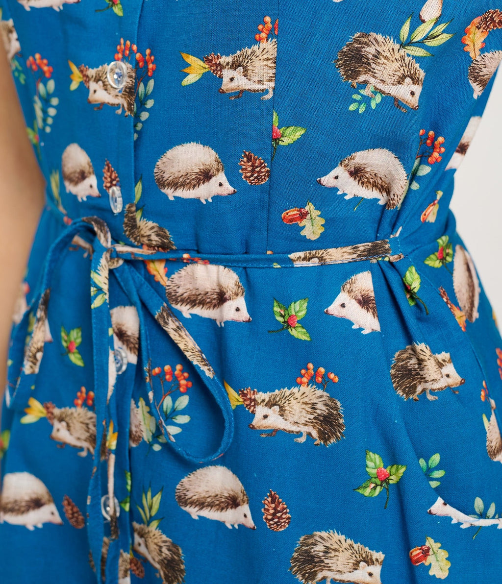 Blue Hedgehog Mushroom Berry Print Cotton Fit & Flare Dress - Unique Vintage - Womens, DRESSES, FIT AND FLARE