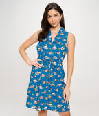 Blue Hedgehog Mushroom Berry Print Cotton Fit & Flare Dress - Unique Vintage - Womens, DRESSES, FIT AND FLARE