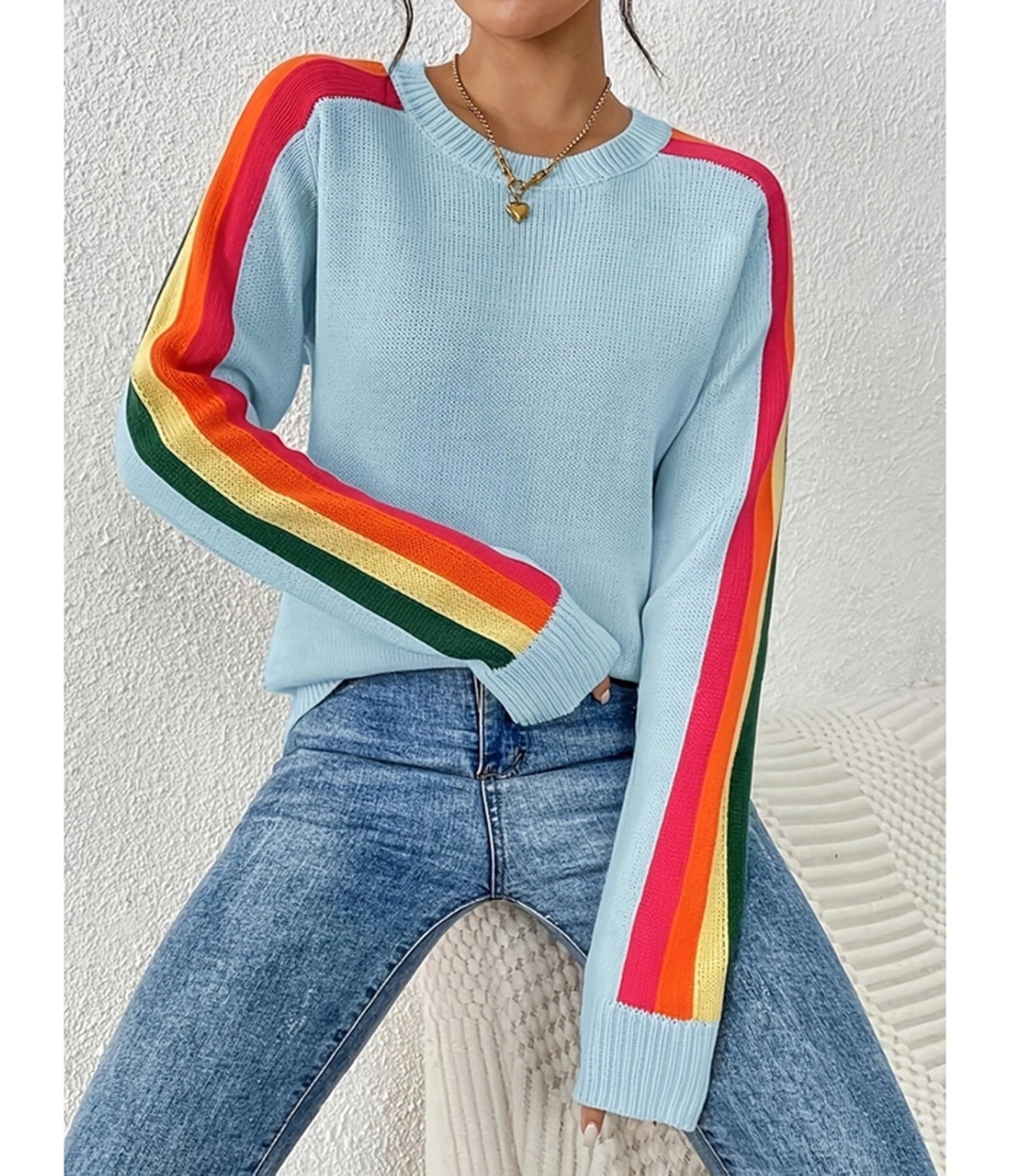 Blue Rainbow Sleeve Sweater - Unique Vintage - Womens, TOPS, SWEATERS
