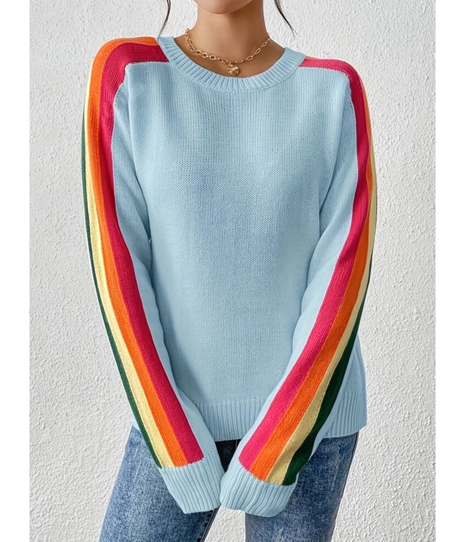 Blue Rainbow Sleeve Sweater - Unique Vintage - Womens, TOPS, SWEATERS