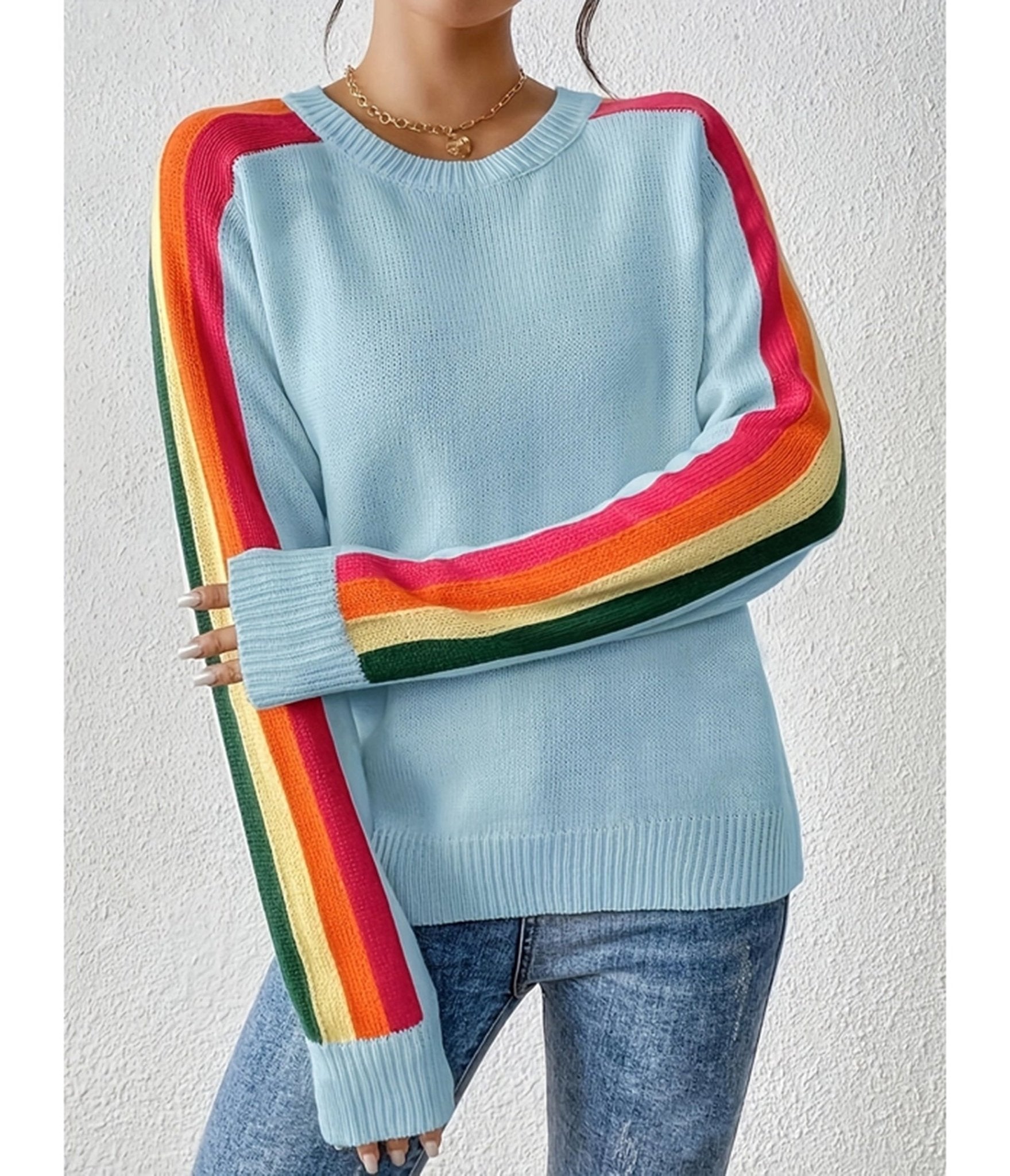 Blue Rainbow Sleeve Sweater - Unique Vintage - Womens, TOPS, SWEATERS