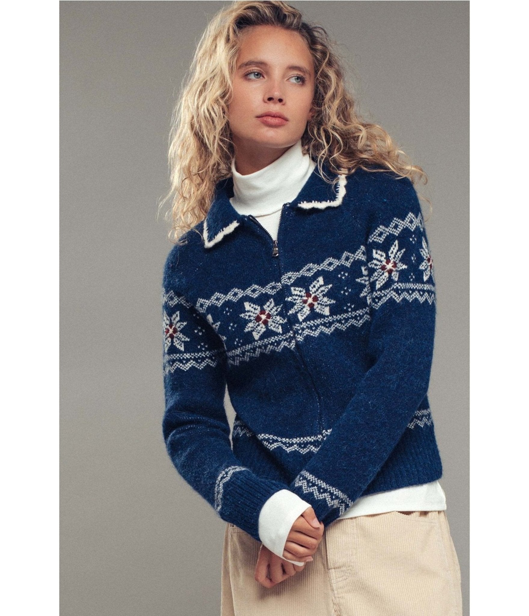 Blue Snowflake Fair Isle Zip - Up Knit Cardigan - Unique Vintage - Womens, TOPS, SWEATERS