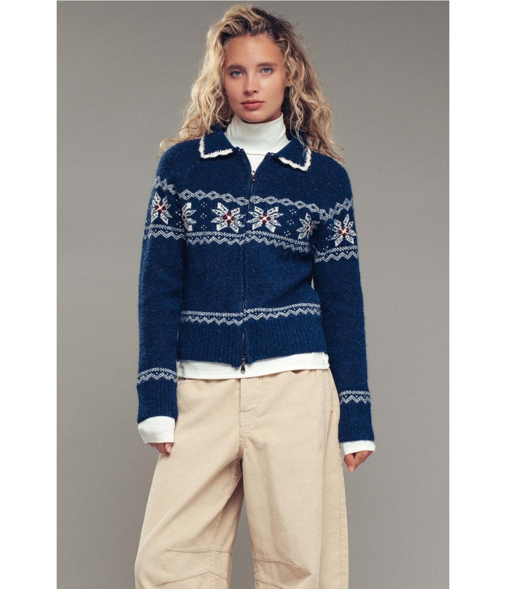 Blue Snowflake Fair Isle Zip - Up Knit Cardigan - Unique Vintage - Womens, TOPS, SWEATERS