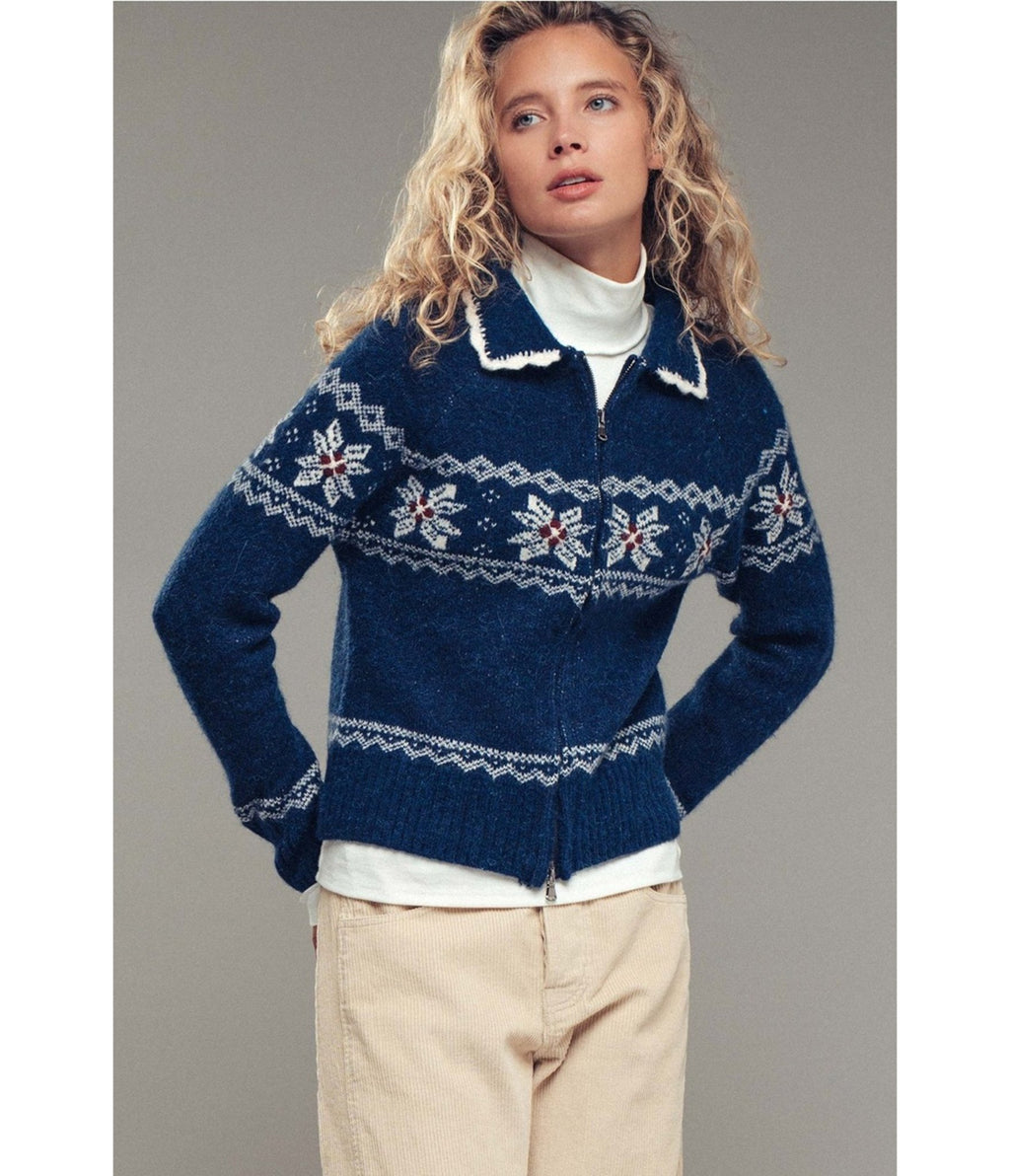 Blue Snowflake Fair Isle Zip - Up Knit Cardigan - Unique Vintage - Womens, TOPS, SWEATERS