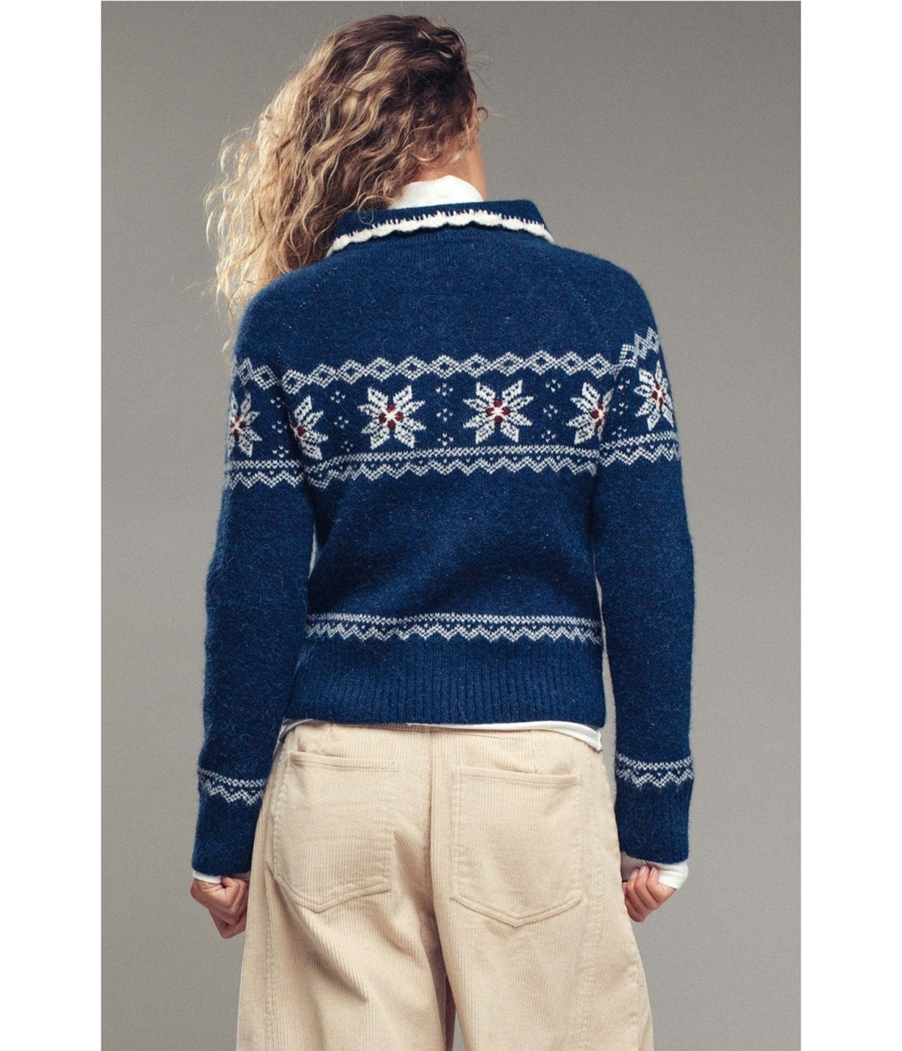 Blue Snowflake Fair Isle Zip - Up Knit Cardigan - Unique Vintage - Womens, TOPS, SWEATERS