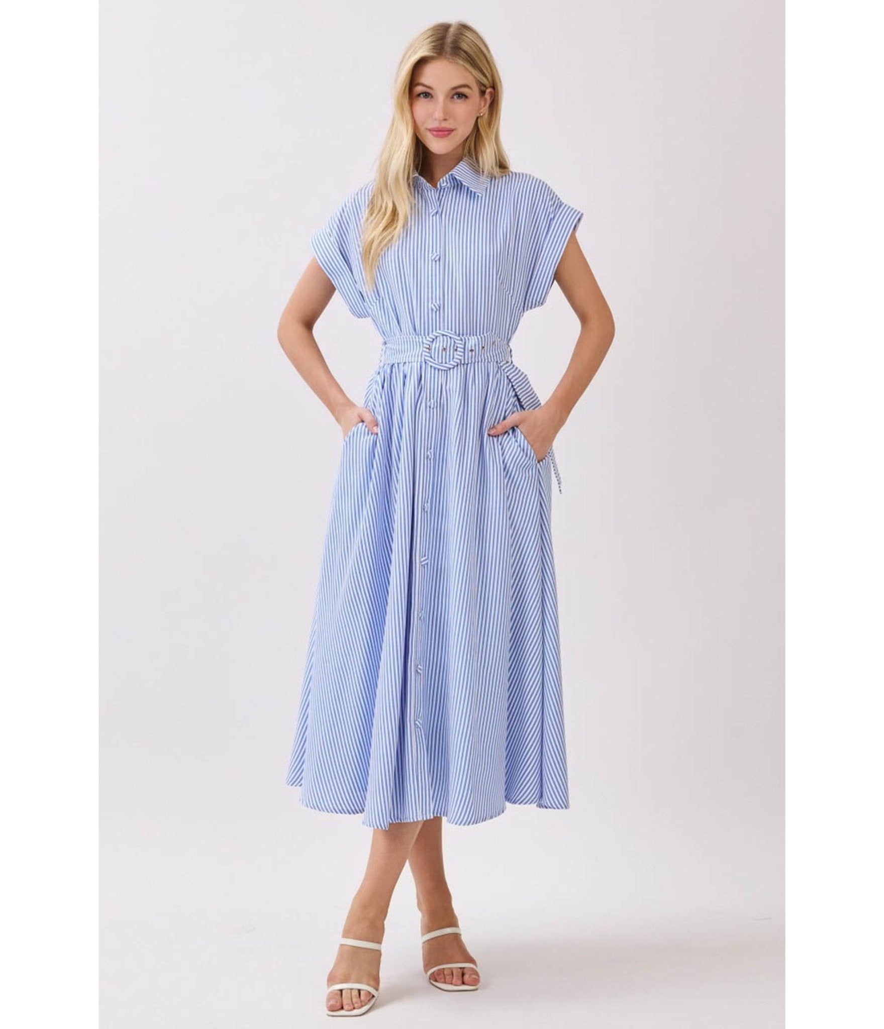Blue & White Pinstripe Midi Dress - Unique Vintage - Womens, DRESSES, MIDI