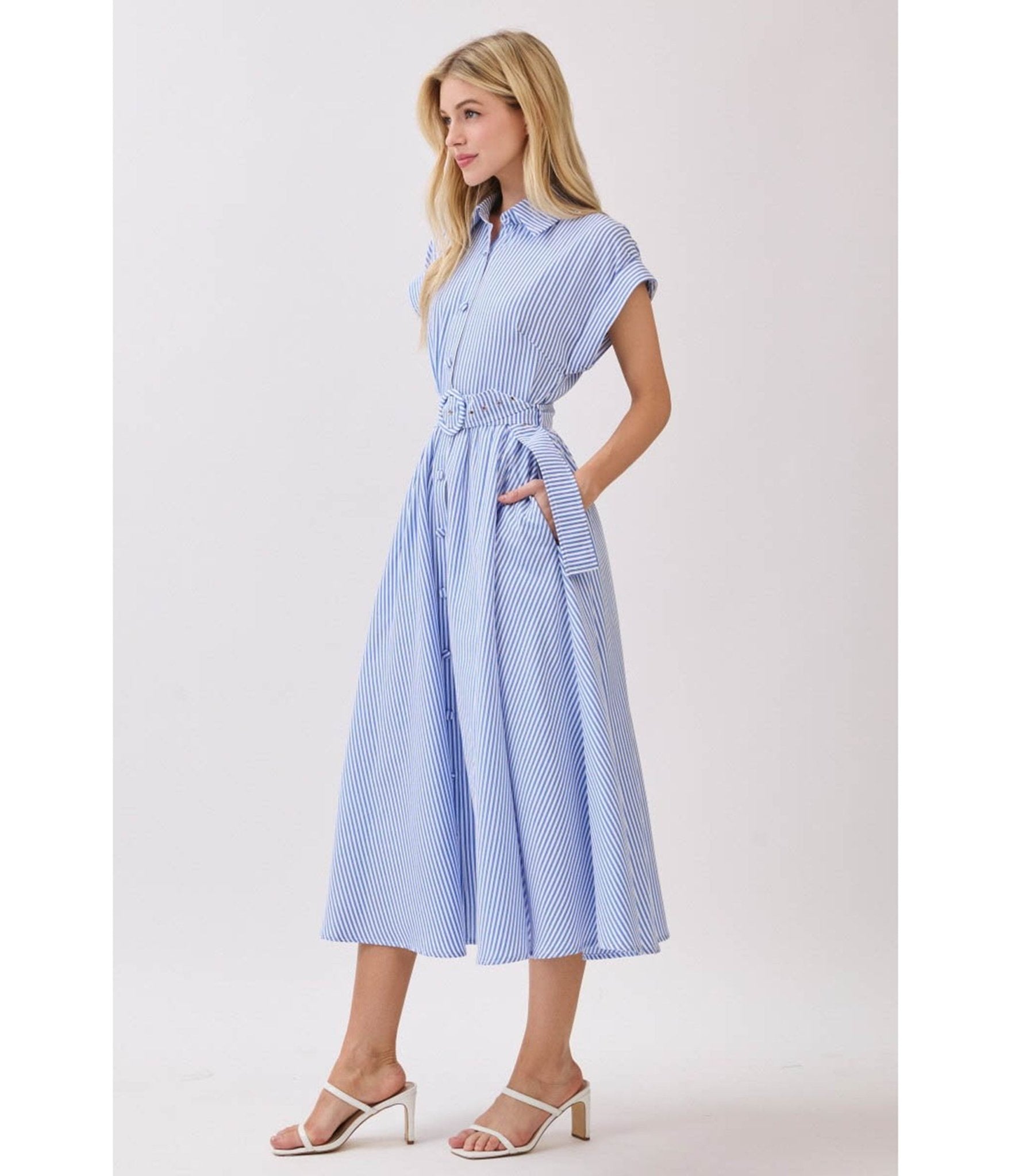 Blue & White Pinstripe Midi Dress - Unique Vintage - Womens, DRESSES, MIDI