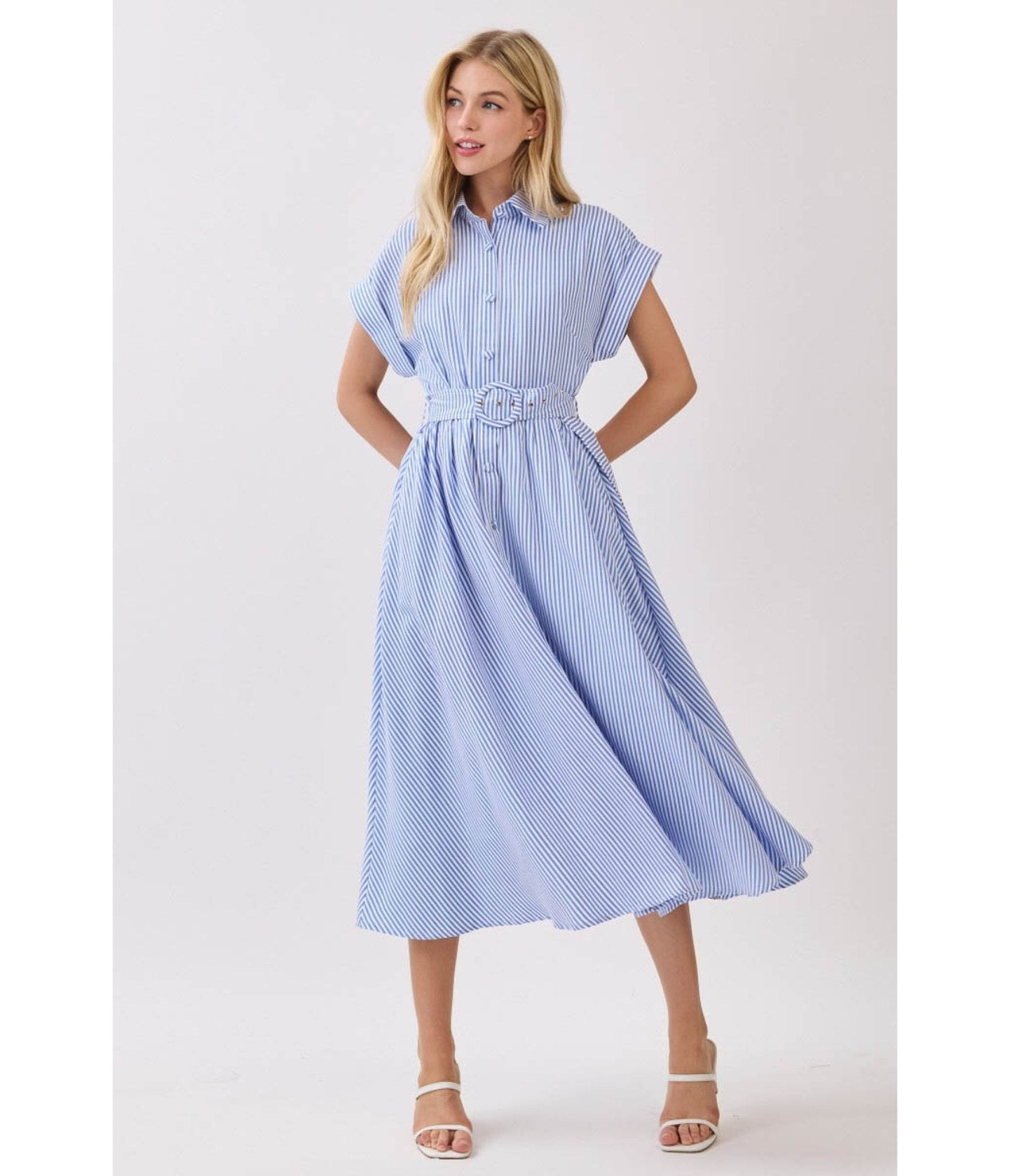Blue & White Pinstripe Midi Dress - Unique Vintage - Womens, DRESSES, MIDI