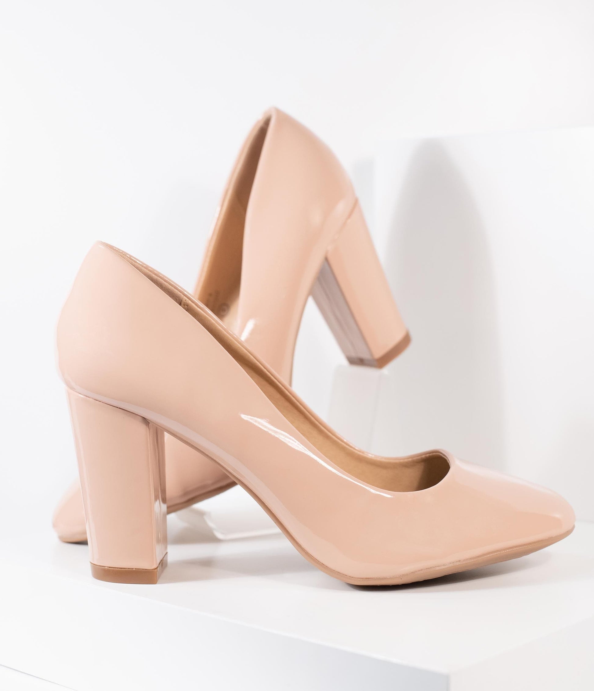 Blush Pink Patent Leatherette Block Heel Pumps - Unique Vintage - Womens, SHOES, HEELS